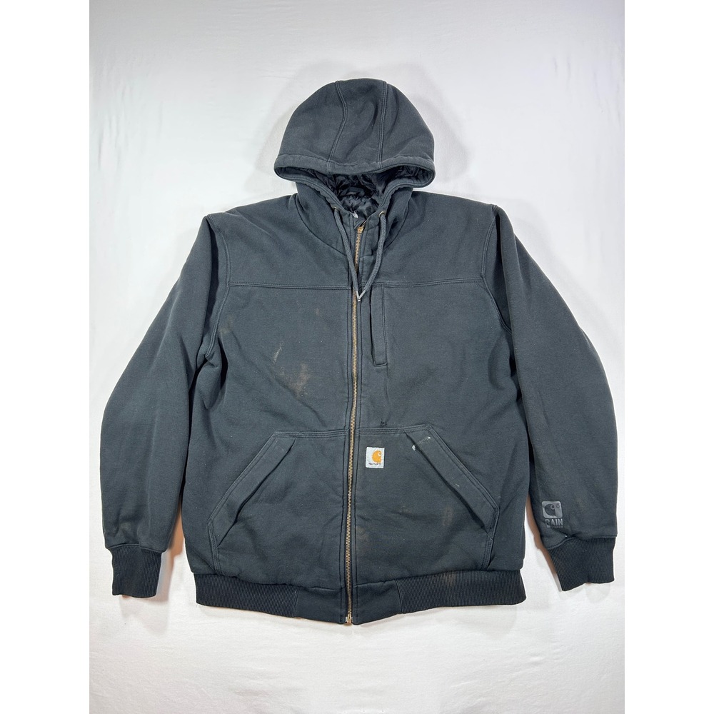 Carhartt Rain Defender Black Hooded Jacket Full Zip Quilted Lined Mens XL Reg